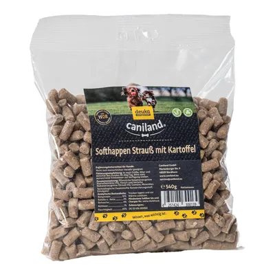 Caniland SoftHappen struds med kartoffel, tilskudsfoder til hunde, 540g pakke. Indeholder råprotein 20%, fugtighed 8%. Ikke egnet til menneskeføde.