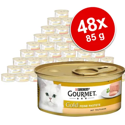 48x85 g Purina Gourmet Gold Feine Pastete mit Truthahn – balenie konzerv pre mačky, na etikete biely kocúr a obrázok paštéty.