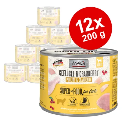 MAC's Geflügel & Cranberry Super Food for Cats, 12x200 g burkar. Text: Made in Germany, Adult, grainfree, high meat content. Bild på kattmatburk med kyckling och tranbär.