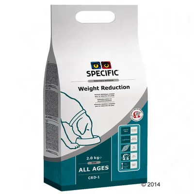 Опаковка SPECIFIC Weight Reduction за кучета, 2,0 кг, ALL AGES CRD-1. Видими са икони за L-карнитин, фибри, енергийна стойност 1153 кДж/100 г, препоръка от ветеринарен лекар.
