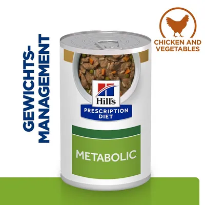 Hill's Prescription Diet Metabolic wet food for weight management with chicken and vegetables. Tin with visible contents: meat pieces, peas and carrots.