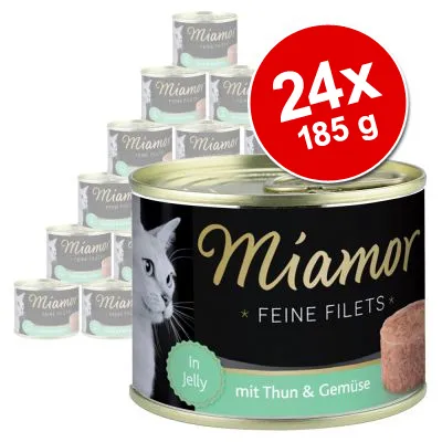 Miamor Feine Filets In Jelly mit Thun & Gemüse kissanmärkäruoka, 24 x 185 g. Saksankielinen teksti pakkauksessa.