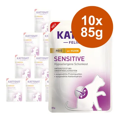 Kattovit Feline Diet Sensitive pâté med kyckling, hypoallergen specialkost, stöd vid intoleranser, 10 x 85g, utvalda proteinkällor och kolhydrater.