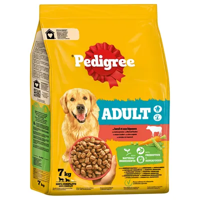 Pedigree Adult храна за кучета с говеждо и зеленчуци, 7 кг. Съдържа натурални съставки, пребиотици и супер храни. 100% пълноценна и балансирана.