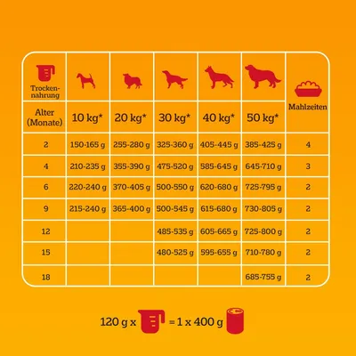 Fütterungstabelle für Trockenfutter: Alter (Monate) und Gewichtsklassen von 10 kg bis 50 kg mit empfohlenen Gramm pro Tag. Mahlzeitenanzahl und Umrechnung: 120 g = 1 x 400 g Dose.