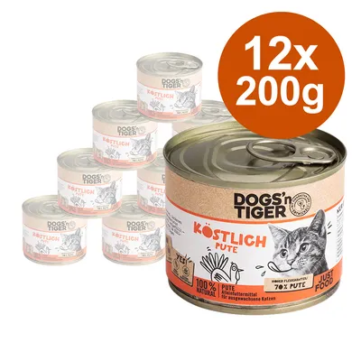 DOGS'n TIGER νόστιμη γαλοπούλα, πλήρης τροφή για γάτες, 12x 200g κονσέρβες, 100% φυσικό, υψηλή περιεκτικότητα σε κρέας με 70% γαλοπούλα.