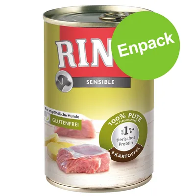 Rinti Sensible hundmatburk, text: Enpack, glutenfrei, 100 % Pute, aus 1 tierisches Protein, +Kartoffel. För empfindliche Hunde står på etiketten.
