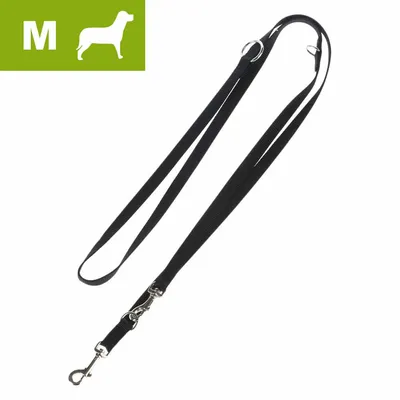 Adjustable black lead with metal clips and rings, size M indicated by icon in top left corner.