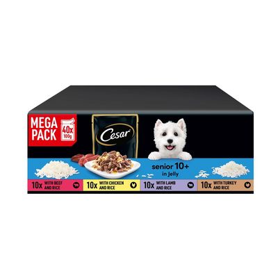 Cesar senior 10+ mixed selection in jelly, mega pack of 40 trays, each 100g. Image shows food pieces in jelly and meat slices.