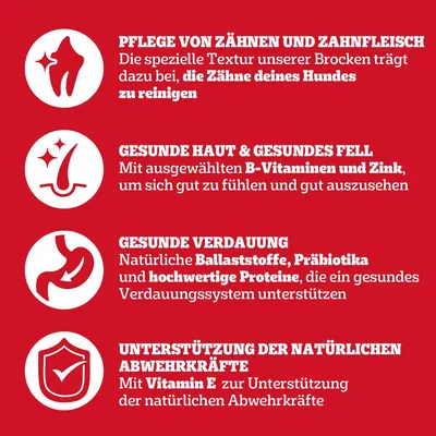 Pflege von Zähnen und Zahnfleisch, gesunde Haut und Fell mit B-Vitaminen und Zink, gesunde Verdauung mit Ballaststoffen und Proteinen, Unterstützung der Abwehrkräfte mit Vitamin E.