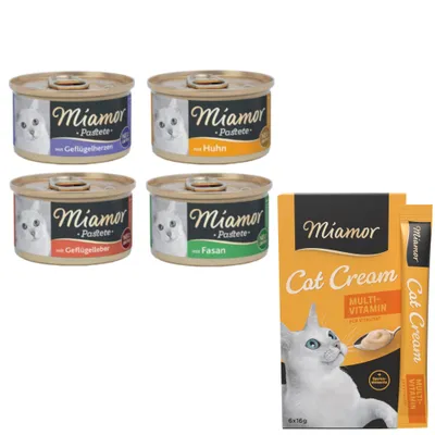 Miamor Kombi-Paket: 12 x 85 g Pastete + 12 x 16 g Multi-Vitamin Cream Snacks - Pastete mit Geflügel (4 Sorten) + Snack Multi-Vitamin Cream Miamor Kombi-Paket: 12 x 85 g Pastete + 12 x 16 g Multi-Vitamin Cream Snacks - Pastete mit Geflügel (4 Sorten) + Snack Multi-Vitamin Cream