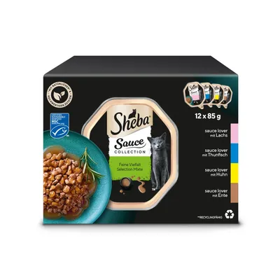 Sheba Sauce Collection, Feine Vielfalt Selection Mixte, 12 x 85g. Sorten: Lachs, Thunfisch, Huhn, Ente. Zertifiziert nachhaltige Meeresfrüchte MSC, recyclingfähig.