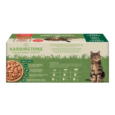 Harringtons adult cat food box showing key features: 80% freshly prepared meat, 100% animal protein, grain free, enriched with taurine. Includes feeding guide for different cat weights.