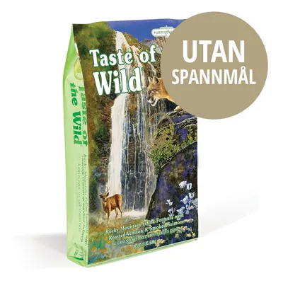 Taste of the Wild kattmat, text: UTAN SPANNMÅL. Rocky Mountain Feline Formula with Roasted Venison & Smoked Salmon. Purified Water. A GRAIN-FREE ALL LIFE STAGES DIET. Taste of the Wild kattmat, text: UTAN SPANNMÅL. Rocky Mountain Feline Formula with Roasted Venison & Smoked Salmon. Purified Water. A GRAIN-FREE ALL LIFE STAGES DIET.