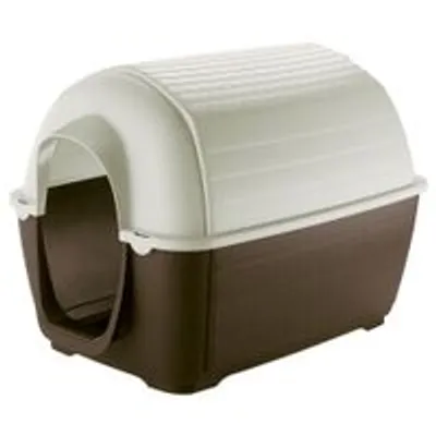Casota de plástico para animais, com base castanha e topo branco, entrada frontal em arco visível. Casota de plástico para animais, com base castanha e topo branco, entrada frontal em arco visível.