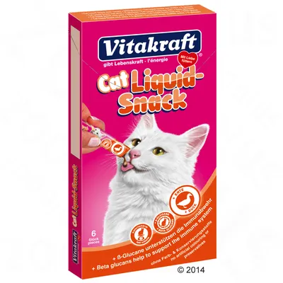 Vitakraft Cat Liquid-Snack, 6 bucăți. Imagine cu pisică albă lingând un baton lichid. Text vizibil: „Beta glucans help to support the immune system”, fără coloranți sau conservanți artificiali.