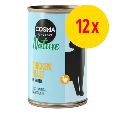 Cosma Pure Love Nature Chicken Fillet in Broth, 100% natural ingredients. Dåse med sort kattegrafik og gul cirkel med rød tekst: 12 x.
