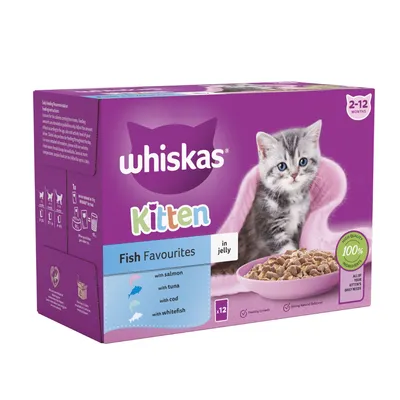 Whiskas Kitten Fish Favourites in jelly, 12-pack. Includes salmon, tuna, cod and whitefish varieties. For kittens aged 2-12 months. 100% high quality ingredients. Whiskas Kitten Fish Favourites in jelly, 12-pack. Includes salmon, tuna, cod and whitefish varieties. For kittens aged 2-12 months. 100% high quality ingredients.