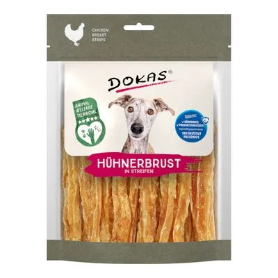 Dokas Hühnerbrust in Streifen, verpakking met afbeelding van hond, tekst: Animal Welfare Tierwohl, chicken breast strips, keurmerk SGS INSTITUT FRESENIUS zichtbaar.
