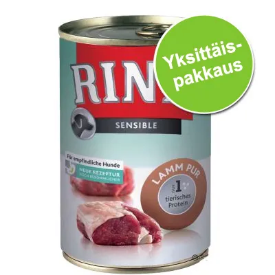 Rinti Sensible koiran märkäruoka, Lamm Pur, yksittäispakkaus. Etiketissä tekstiä saksaksi: Für empfindliche Hunde, Neue Rezeptur, nur 1 tierisches Protein.