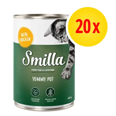 Smilla Yummy Pot with Chicken, 400 g, zestaw 20x. Na opakowaniu: contains taurine, grain-free recipe. Grafika kota na puszce.