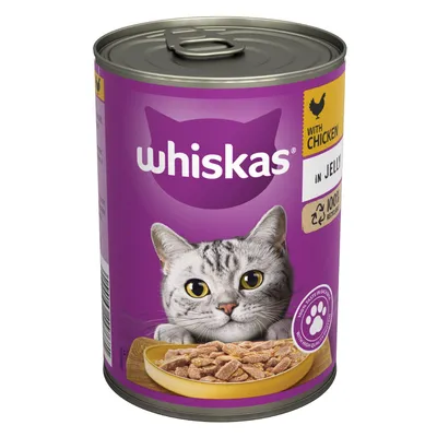 Whiskas with chicken in jelly, 100% recyclable can, high quality protein, food pieces shown in bowl on label