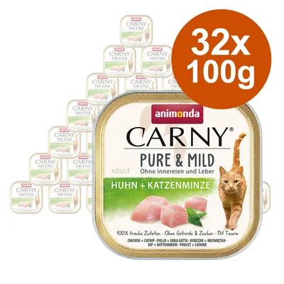 Animonda Carny Pure & Mild Adult krmivo pre mačky, kuracie mäso + mačacia mäta, bez vnútorností a pečene, 32x100g, 100% čerstvé suroviny, bez obilnín a cukru, s taurínom.