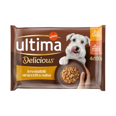 Ultima Adulto Fit & Delicious per cani piccoli sotto 10 kg, 44x100g. Senza coloranti o conservanti. Gusti: pollo con verdure e manzo con carote in salsa.
