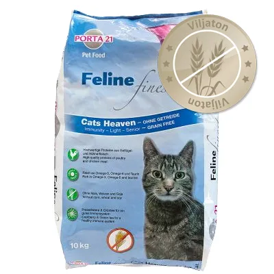 Porta 21 Feline Finest Cats Heaven kissanruokapakkaus, viljaton-merkki, 10 kg. Teksti: Immunity, Light, Senior, Grain Free. Kuvassa harmaa raidallinen kissa.