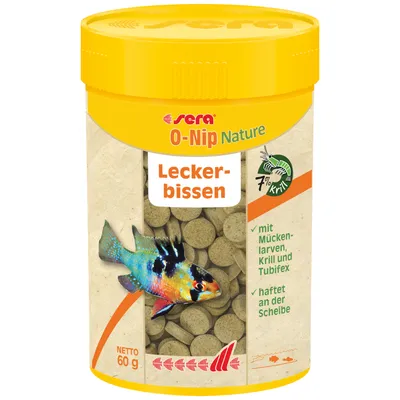 Sera O-Nip Nature godbid, 60g. Med myggelarver, krill og tubifex. Hæfter på glasset. Indeholder 7% krill.