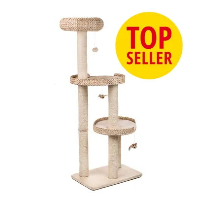 Kissan raapimispuu, jossa kolme tasoa ja leluja. Keltainen ympyrä, jossa punaisella teksti TOP SELLER.