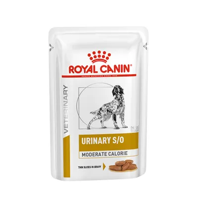 Royal Canin Veterinary Urinary S/O Moderate Calorie, tynde stykker i sovs. Emballage med hundebillede og produktnavn.