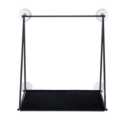 Hamaca negra con marco de metal y cuatro ventosas para fijar en superficies lisas.