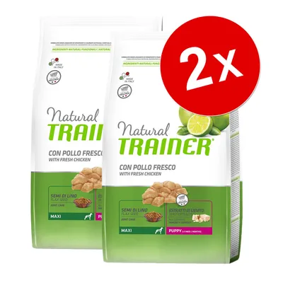 Lot de 2 sacs Natural Trainer Puppy Maxi, con pollo fresco, semi di lino, estratti di lievito, pour chiot, texte en italien et anglais visible sur l’emballage.
