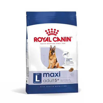 Royal Canin maxi adult 5+ tamaño L, para perros de 26 a 44 kg. Texto visible: Digestive health, optimal vitality support. Imagen de un perro pastor alemán en el envase. Royal Canin maxi adult 5+ tamaño L, para perros de 26 a 44 kg. Texto visible: Digestive health, optimal vitality support. Imagen de un perro pastor alemán en el envase.