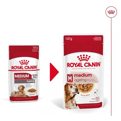 Две опаковки Royal Canin Medium Ageing 140 г за кучета, показващи промяна в дизайна. Видими са надписи: 'medium ageing', 'Gravy-Salsa', изображение на куче и парчета храна. Две опаковки Royal Canin Medium Ageing 140 г за кучета, показващи промяна в дизайна. Видими са надписи: 'medium ageing', 'Gravy-Salsa', изображение на куче и парчета храна.