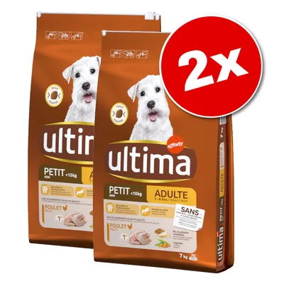2 sacs de croquettes Ultima Affinity Petit <10 kg Adulte Poulet, 7 kg chacun. Texte visible : sans colorants ni conservateurs, riz et céréales complètes, légumes. 2 sacs de croquettes Ultima Affinity Petit <10 kg Adulte Poulet, 7 kg chacun. Texte visible : sans colorants ni conservateurs, riz et céréales complètes, légumes.