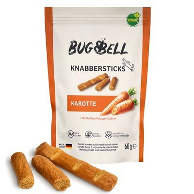 BUGBELL Knabbersticks Karotte, 60g zak, vegan, zonder suiker, zonder gluten, zonder kleur- en aromastoffen. Wortel gerookt met beukenhout, afbeelding van knabbelsticks en wortels op verpakking.