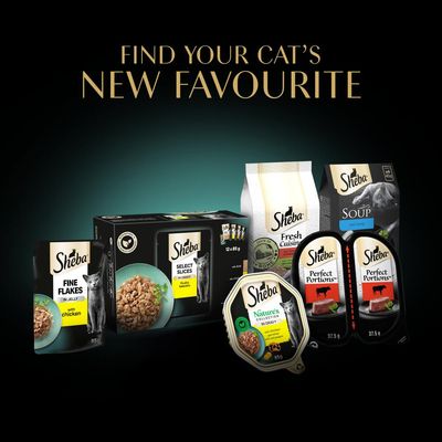Sheba Cat Food Range: Fine Flakes with Chicken, Select Slices, Fresh Cuisine, Soup with Tuna, Perfect Portions, Nature's Collection. Text: Find your cat’s new favourite.