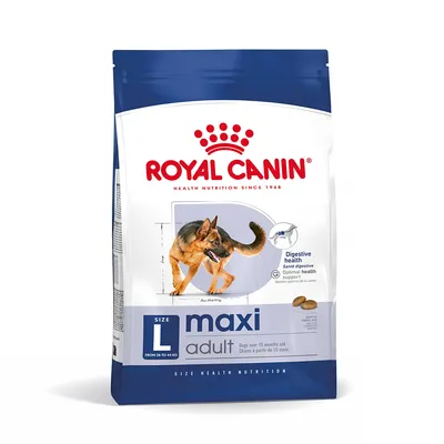 Royal Canin Maxi Adult, суха храна за кучета над 15 месеца, размер L, подпомага здравето на храносмилането. Опаковка с изображение на овчарско куче.