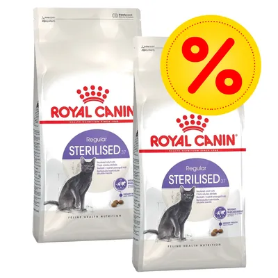 Två påsar Royal Canin Regular Sterilised 37 kattfoder med bild av katt och stor gul rabatt-symbol (%) synlig på förpackningen.