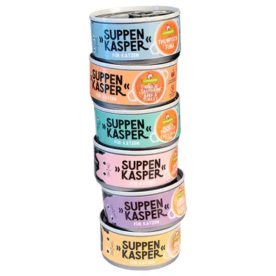 Suppen Kasper für Katzen. Sorten: Thunfisch, Rind & Truthahn, Huhn & Thunfisch, Lachs, Geflügel & Kürbis.