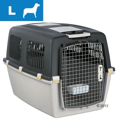 Transporter dla psa, rozmiar L, plastikowa obudowa z metalowymi kratkami wentylacyjnymi i drzwiczkami, pojemnik na wodę wewnątrz. Symbol psa i litera L w lewym górnym rogu. Transporter dla psa, rozmiar L, plastikowa obudowa z metalowymi kratkami wentylacyjnymi i drzwiczkami, pojemnik na wodę wewnątrz. Symbol psa i litera L w lewym górnym rogu.