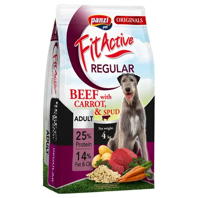 Panzi Pet Fit Active Regular Adult krmivo pro psy s hovězím, mrkví a bramborami. Čistá hmotnost: 4 kg. Analýza: 25 % bílkovin, 14 % tuků a olejů.