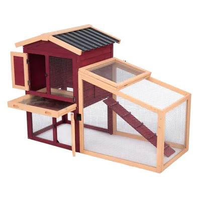 Holzgehege mit rotem Häuschen, Metallgitterwänden und Rampe. Zwei Türen und herausziehbare Schublade sichtbar. Holzgehege mit rotem Häuschen, Metallgitterwänden und Rampe. Zwei Türen und herausziehbare Schublade sichtbar.