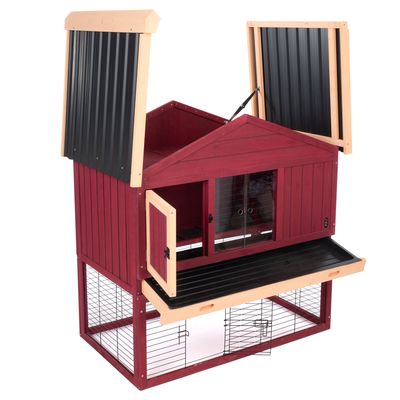 Rot-weisses Kleintierhaus aus Holz mit zwei aufklappbaren Dächern, Türen und Gitterunterbau. Geeignet für Innen- und Aussenbereich.