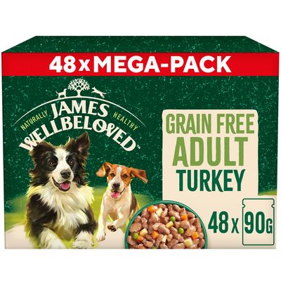 Grain free adult turkey food mega-pack, 48 x 90g portions. Product name: James Wellbeloved. Image shows food pieces and serving size.