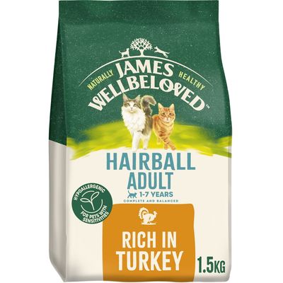 Hairball Adult 1-7 years, complete and balanced food, hypoallergenic for pets with sensitivities, rich in turkey, 1.5kg.