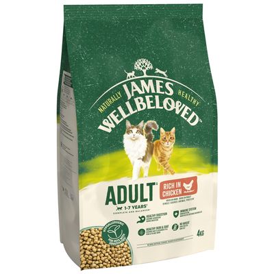 James Wellbeloved Adult 1-7 Years, rich in chicken, hypoallergenic dry food for sensitive pets, supports healthy digestion, skin, coat and immune system, no wheat, 4kg bag.