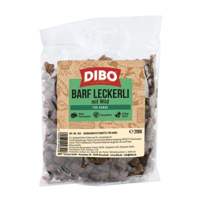 DIBO BARF-Leckerli med vildt, tilskudsfoder til hunde, 200g. Uden farve- og aromastoffer, uden konserveringsmidler.